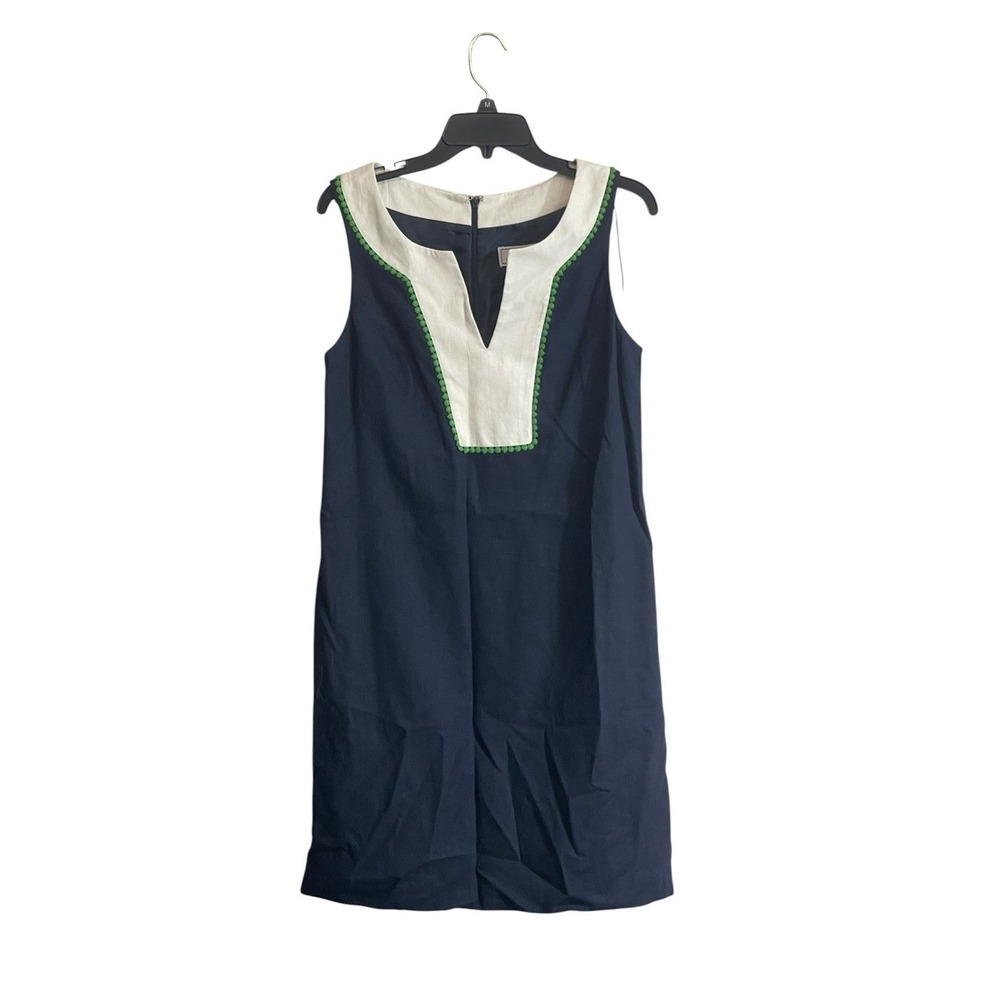 J Howard Navy White Linen Shift Sheath Dress Size 10 Preppy Nautical Resort